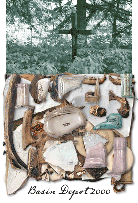 Photograph of grave marker at Basin Depot and artifacts