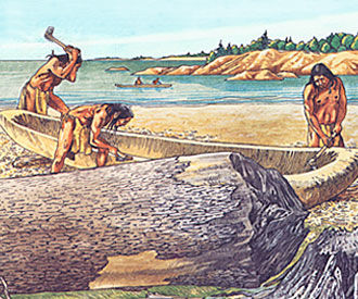 Illustration of Archaic men making a dug-out canoe