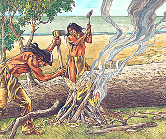 Illustration of Archaic men chopping a log